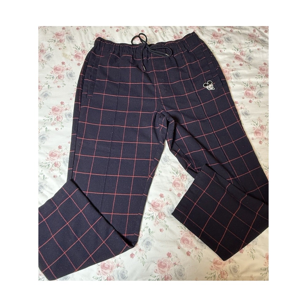 Disney x Forever 21 Men's Pants Large Mickey Mouse Navy Red‎ Plaid Lounge Casual
